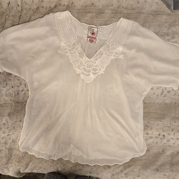 Johnny Was Tops - Johnny Was White Lace V-neck Blouse. Size Large